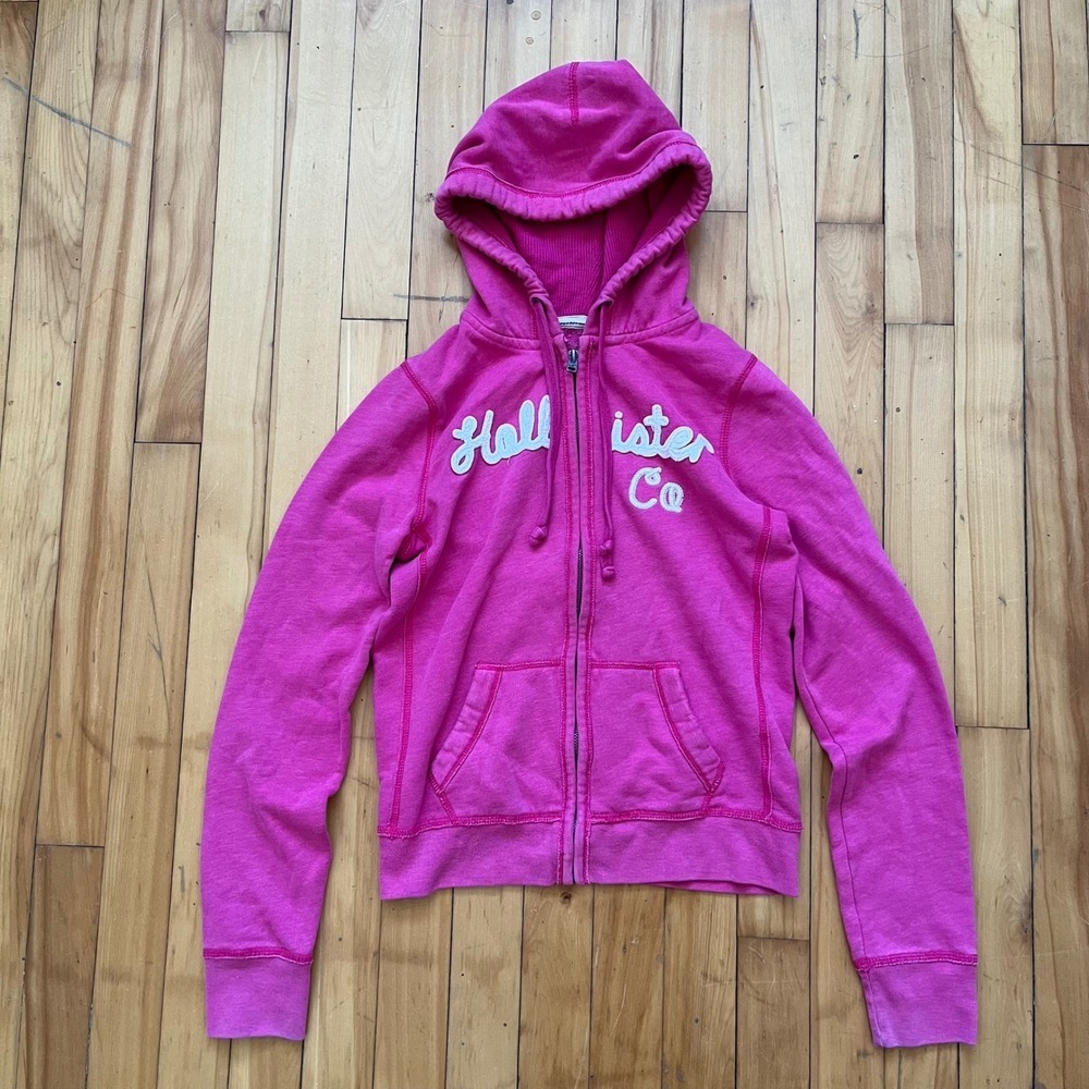 Vtg Hollister California Zip Up Hoodie Pink Embroidered Logo Fleece Lined Size M